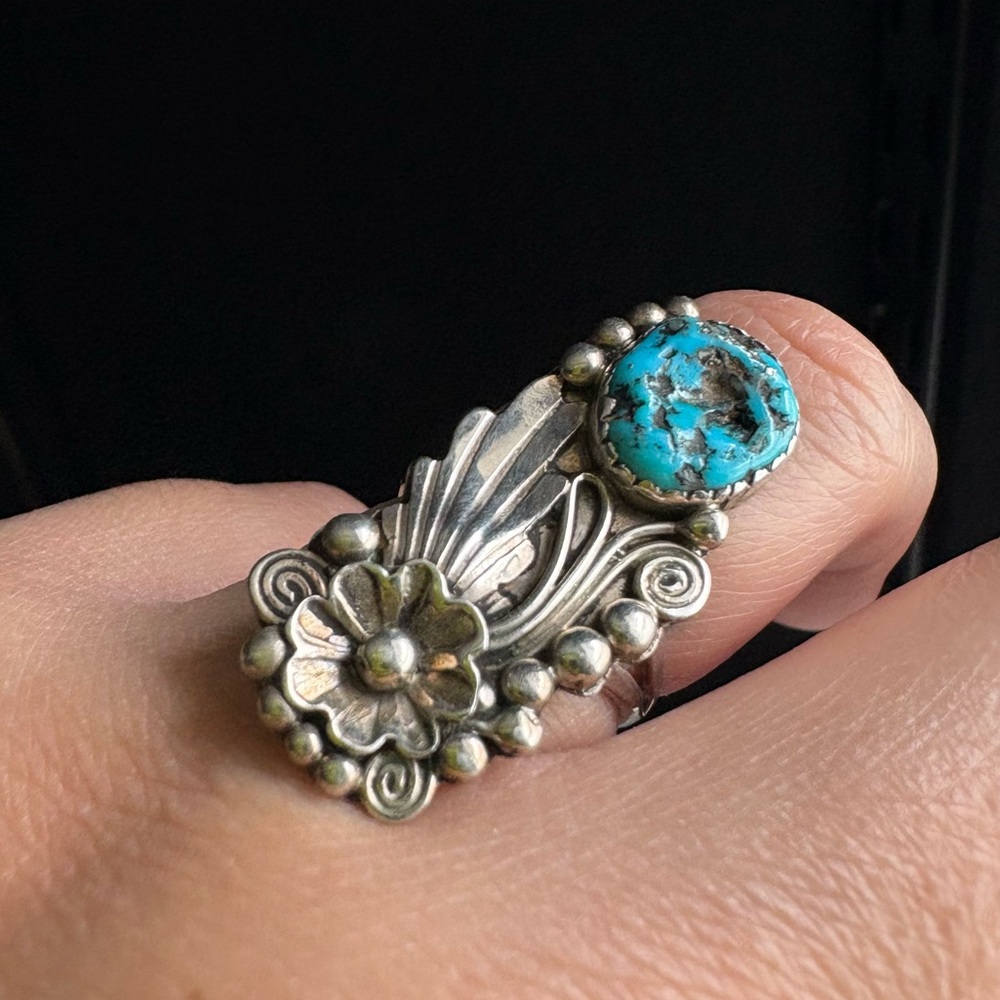 Sterling silver Turquoise squash blossom Flower Yazzie Ring